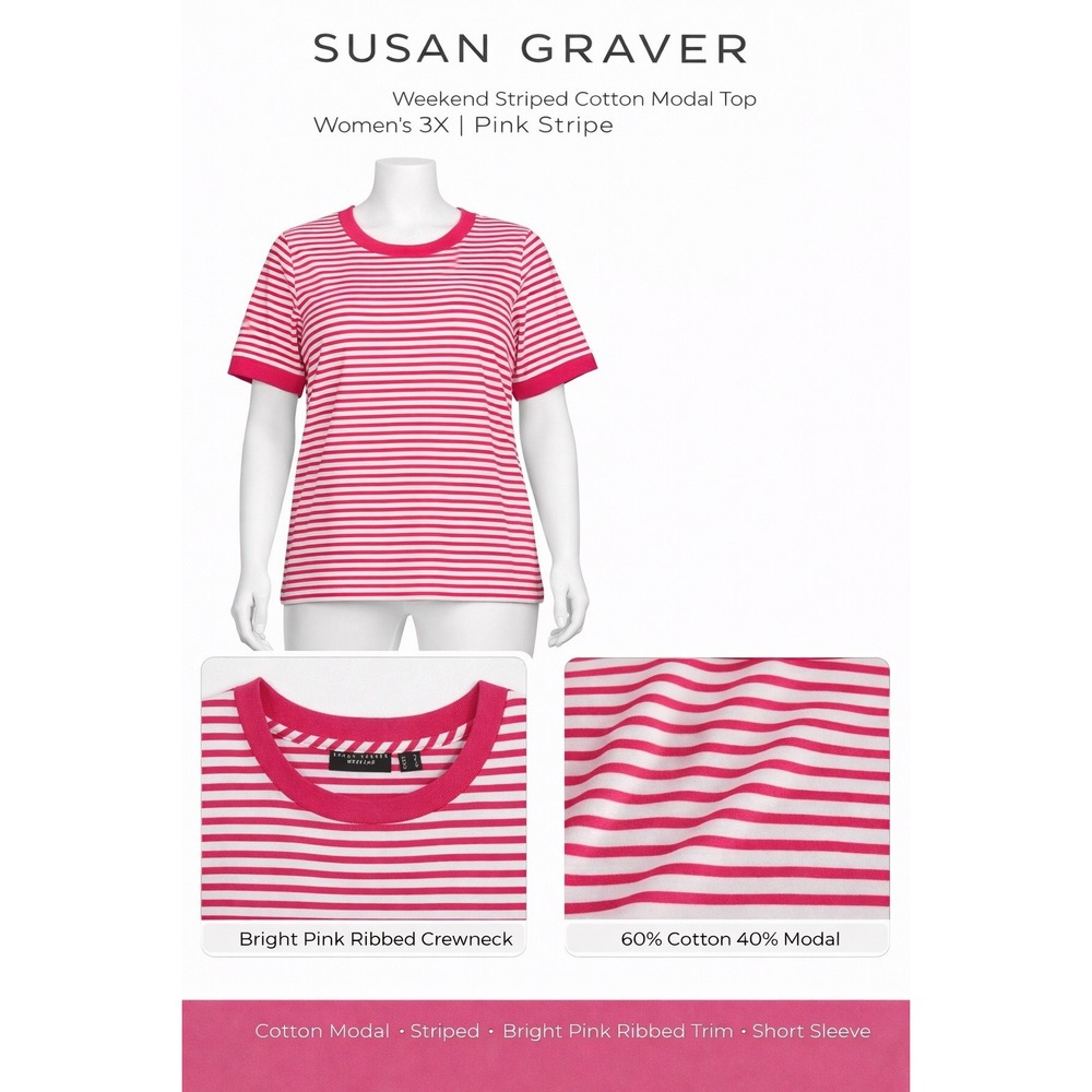 Susan Graver Weekend Womens 3X Pink Striped Cotton Modal Top‎ A289415 NWT